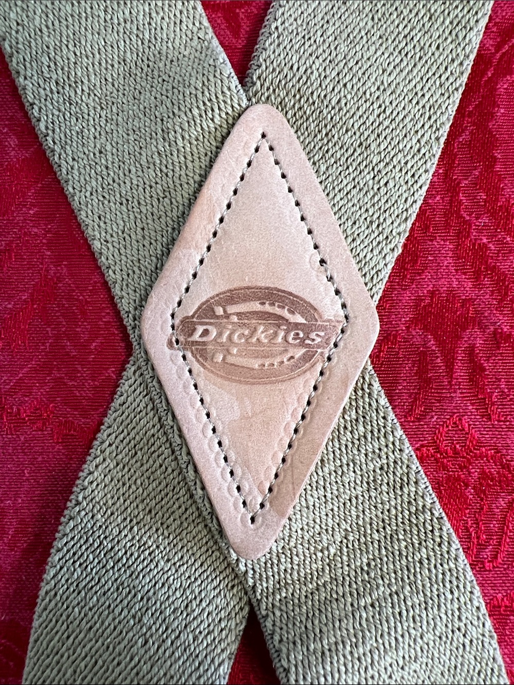 Dickies Khaki Suspenders Adjustable Clip-On Workwear Tan Leather Patch